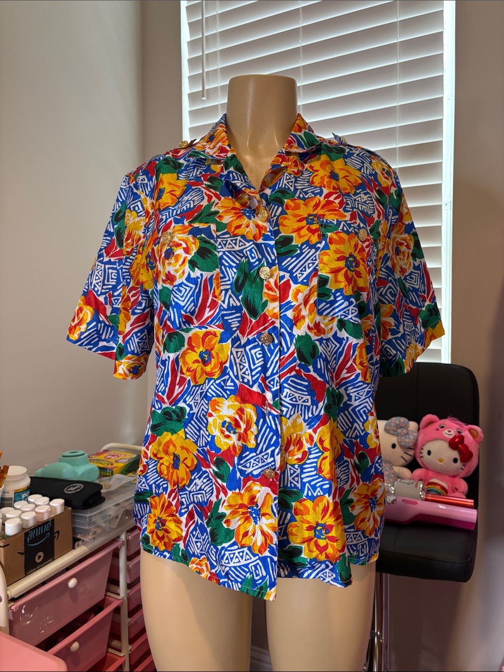 Blue Floral Button-Down Shirt with Yellow Blooms